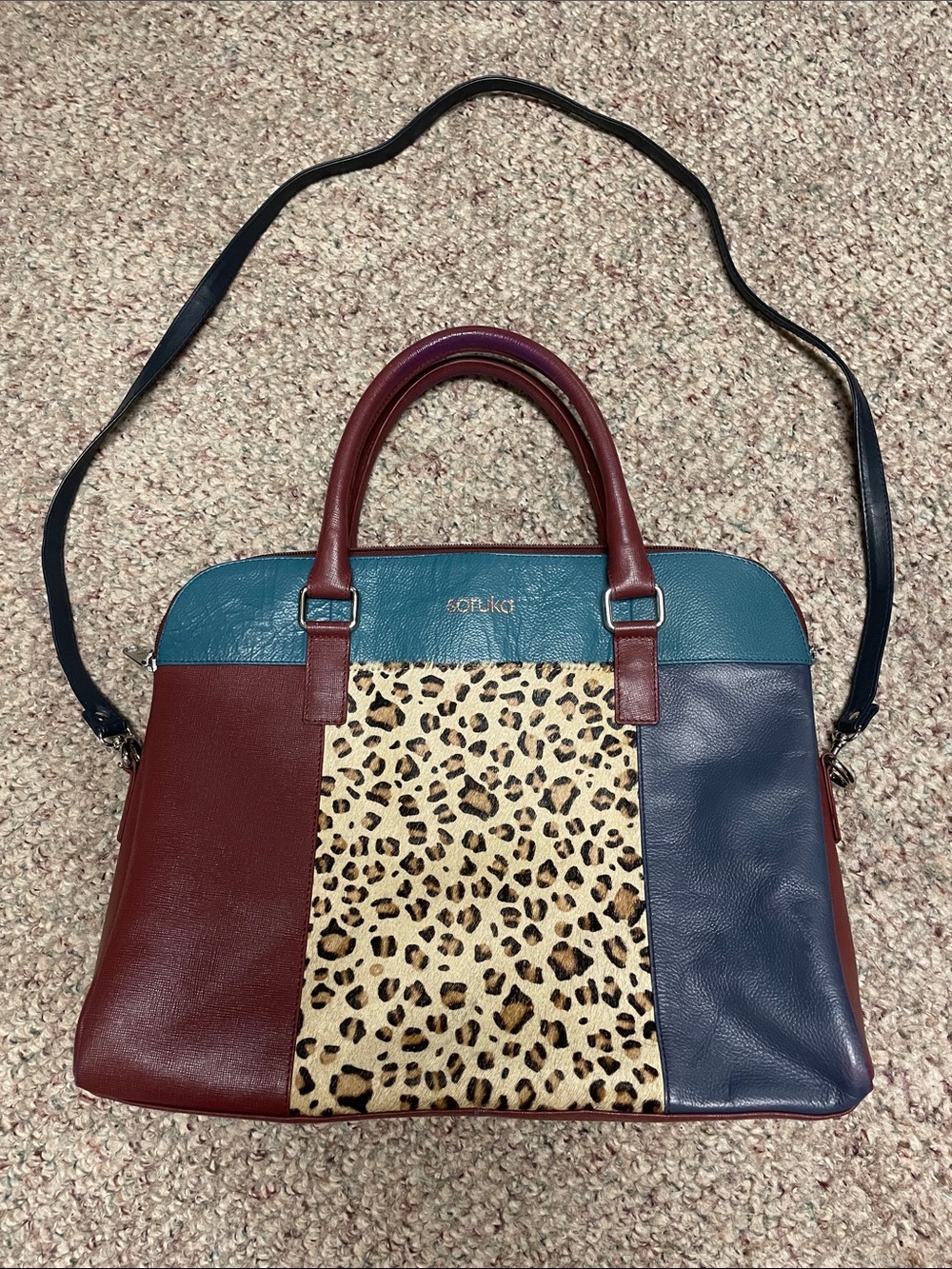 Soruka leather Colorblock Satchel with Leopard Panel - Burgundy/Teal/Navy